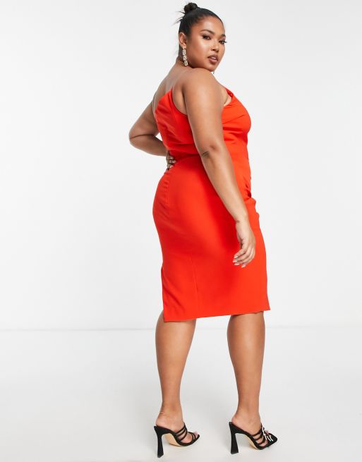 Lavish Alice Plus pleat detail thigh slit midi dress in coral red