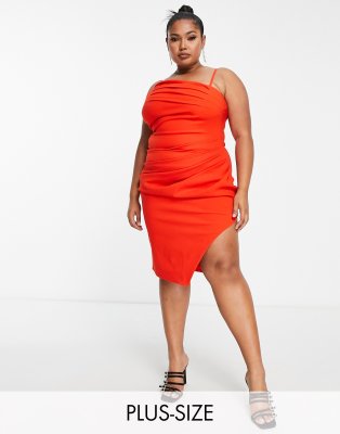 Lavish Alice Plus pleat detail thigh split midi dress in coral red - ASOS Price Checker