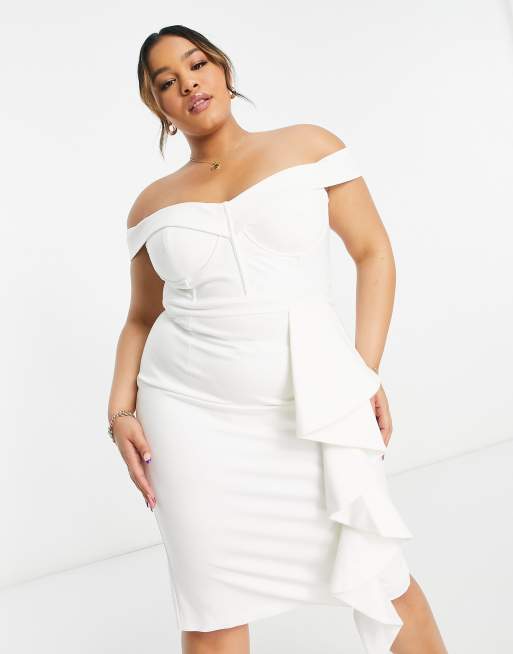 Lavish Alice Plus - Robe mi-longue à volants et épaules dénudées - Blanc, 4 de 4