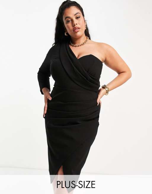 Lavish Alice Plus - Robe mi-longue asymétrique avec drapé et fente sur le devant - Noir