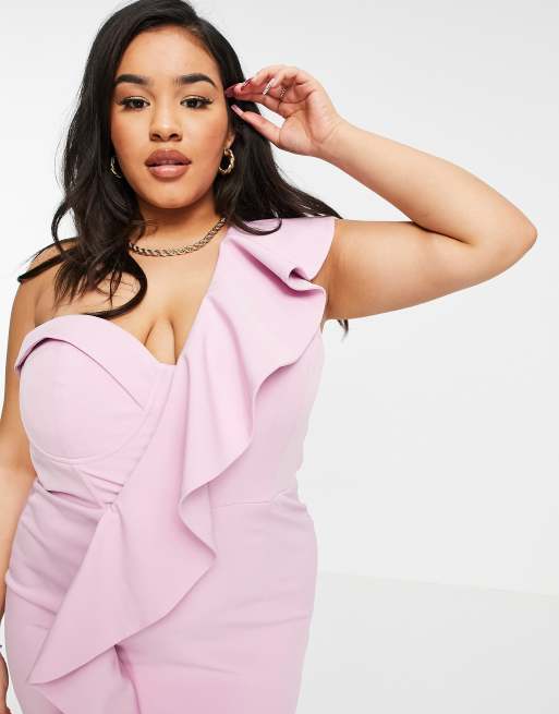 Lavish Alice Plus – Rosa midiklänning med bar axel och draperad volangkorsett, 3 av 4