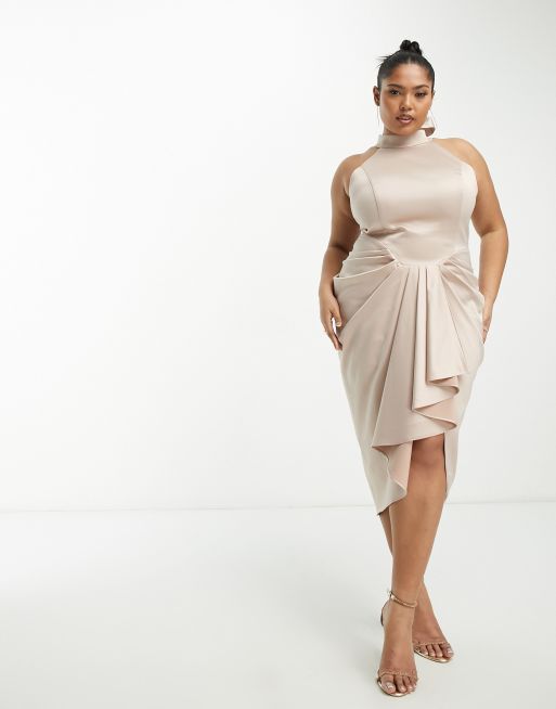 Lavish Alice Plus satin halterneck drape detail midi dress in champagne