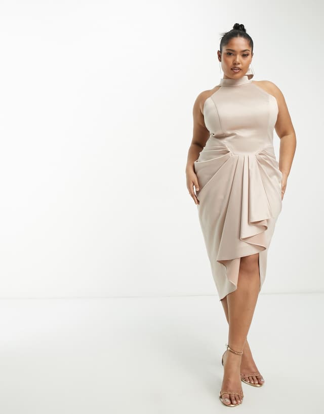 Lavish Alice Plus satin halterneck drape detail midi dress in champagne