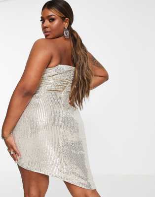 stretch sequin bandeau wrap dress in silver