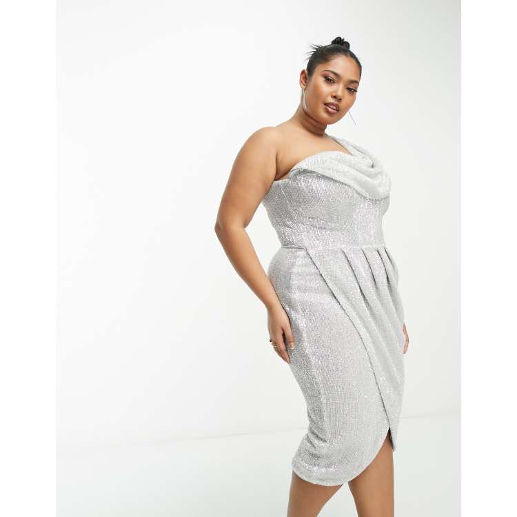 Lavish Alice Plus sequin draped one shoulder mini dress in silver