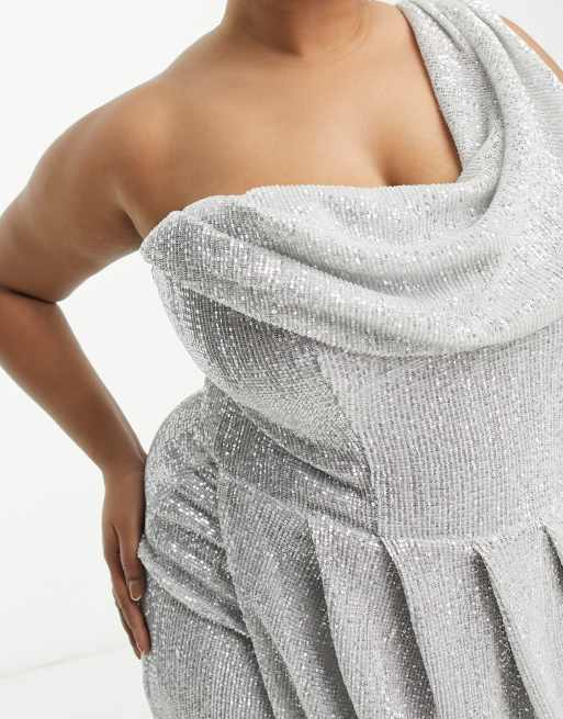 Lavish Alice Plus sequin draped one shoulder mini dress in silver