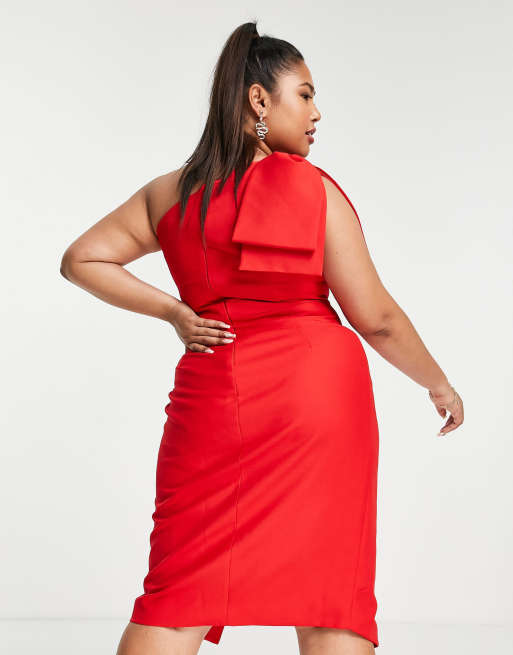Lavish Alice Plus - Vestito midi avvolgente rosso con fiocco sulla spalla, 2 di 4