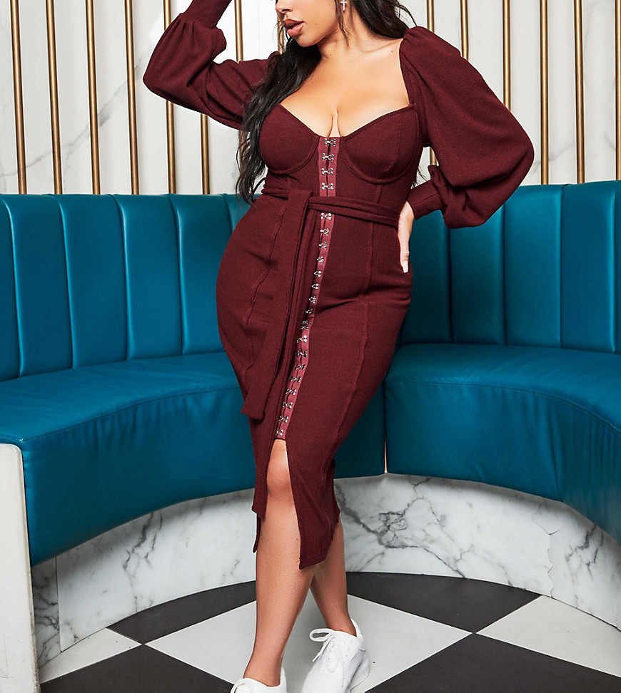 Lavish Alice Plus x Patricia Bright relaxed ribbed puff sleeve midi pencil dress with belt in berry-Red