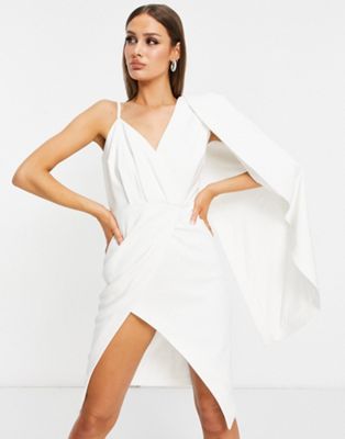 Robes Lavish Alice - Robe fourreau asymétrique mi-longue avec superposition cape et fente jusqu'à la cuisse - Blanc