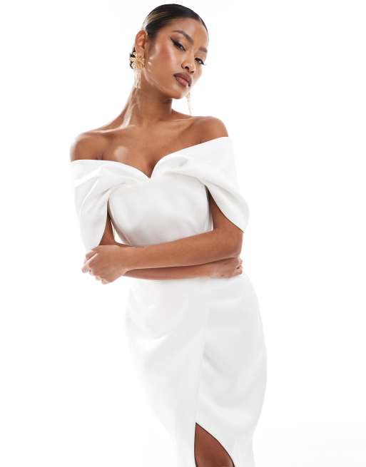 Lavish Alice - Robe mi-longue à encolure Bardot drapée en satin contrecollé - Blanc, 4 de 4