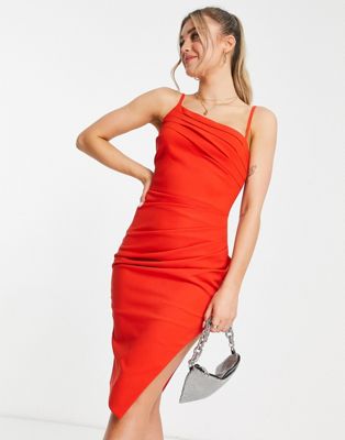 Lavish Alice pleat detail thigh split midi dress in coral red - ASOS Price Checker