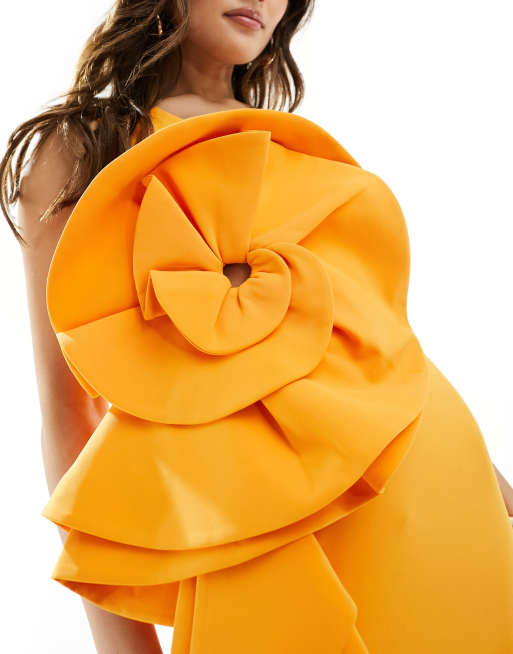 orange lavish alice dress HONEY One Shoulder Pleated Bow Midi Dress in Orange