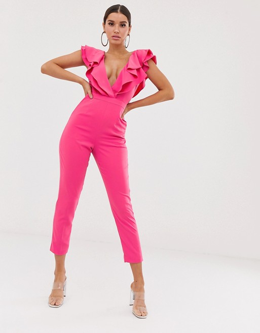 Lavish Alice ruffle wrap jumpsuit in fuchsia pink