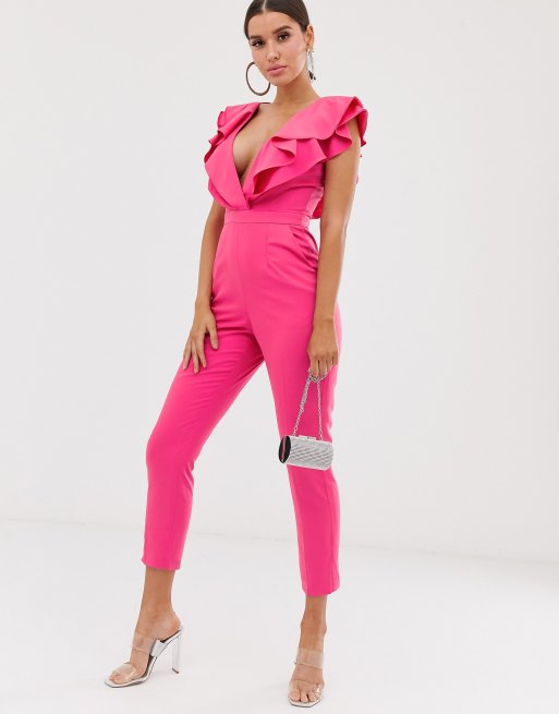 Lavish Alice ruffle wrap jumpsuit in fuchsia pink