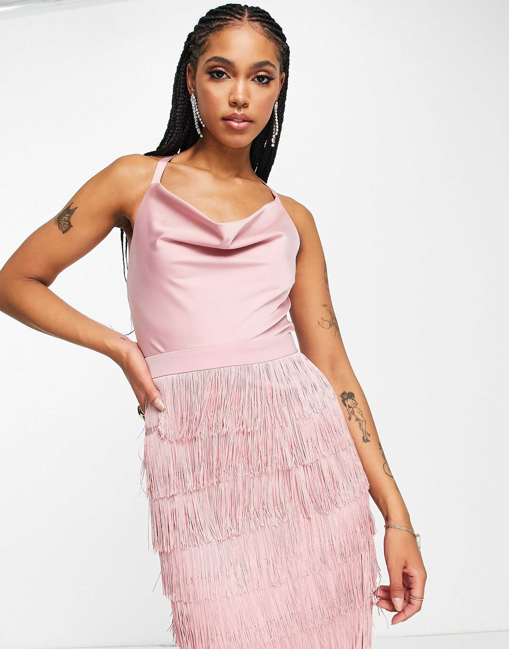 lavish alice satin and fringe dress in soft pink