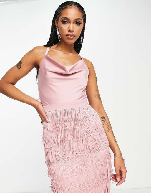 Lavish alice one shoulder fringe midi 2025 dress in pink