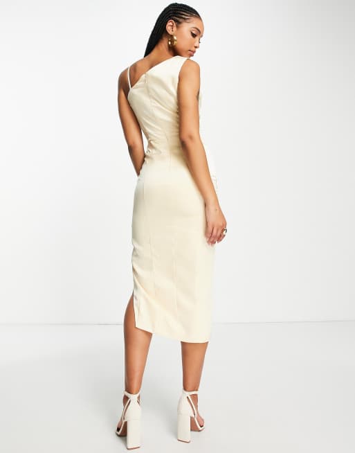 Lavish Alice satin cowl neck button detail midi dress in cream