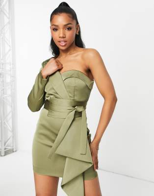 Lavish Alice satin mini blazer dress with waist belt in khaki