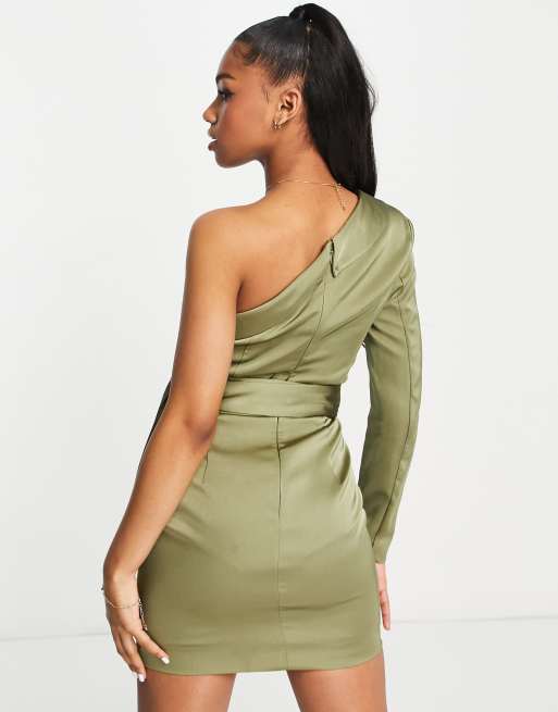 Lavish Alice satin mini blazer dress with waist belt in khaki | ASOS
