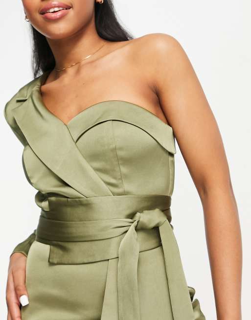 Lavish Alice satin mini blazer dress with waist belt in khaki | ASOS