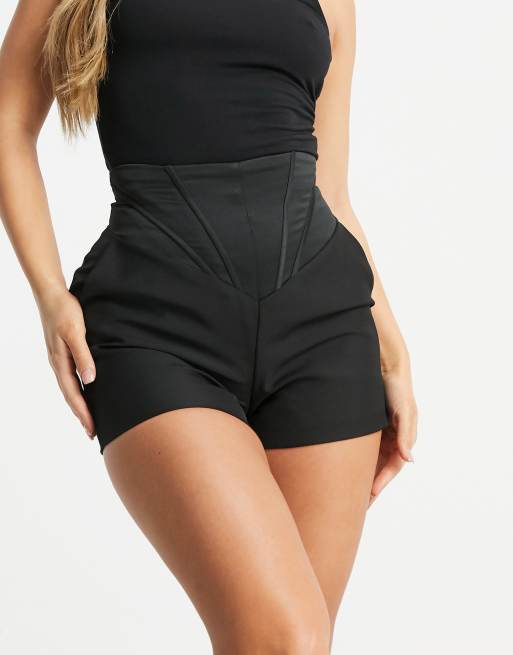 Lavish Alice satin mix high waist corset detail shorts in black