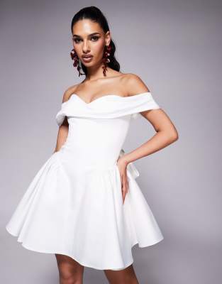Lavish Alice Satin Off Shoulder Lace Up Puff Mini Dress In White