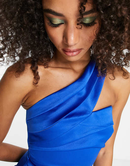 Lavish Alice Bonded Satin One Shoulder Midi Dress In Cobalt-blue