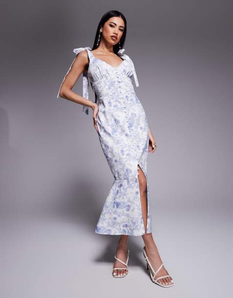 Lavish Alice satin tie strap micro button midi dress in blue porcelain print - view 1