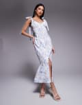 [Lavish Alice] Lavish Alice satin tie strap micro button midi dress in blue porcelain print 6 Blue print