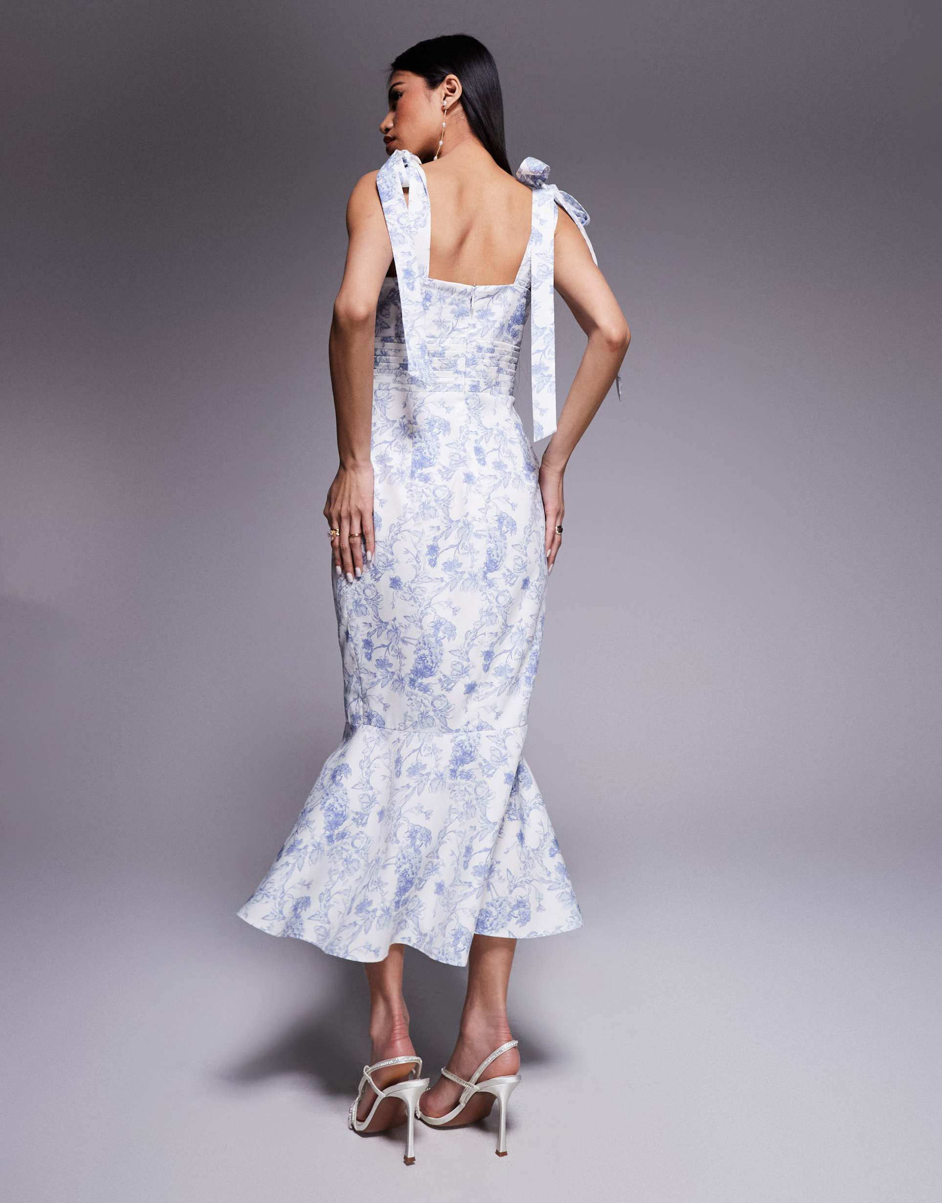 lavish alice satin tie strap micro button midi dress in blue porcelain print