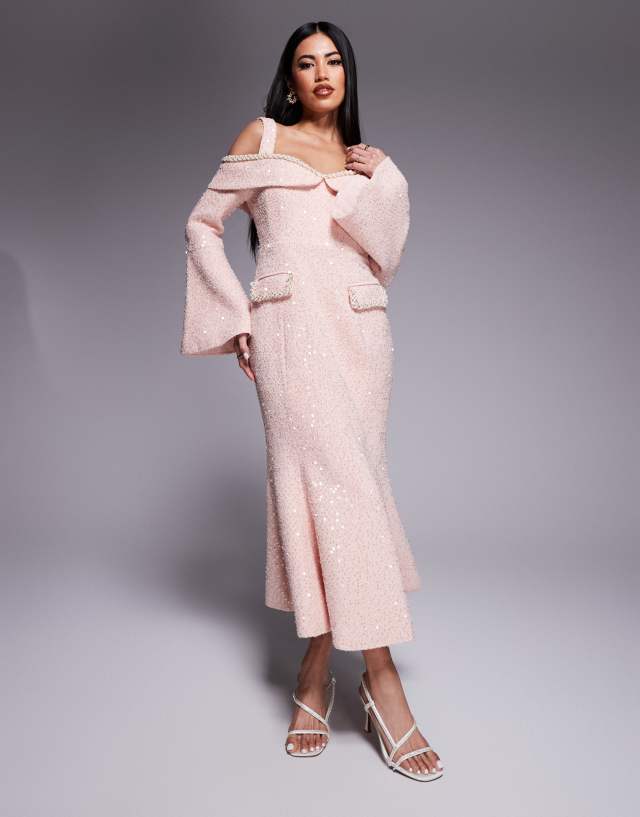pink boucle midi dress Puff Sleeve Boucle Midi Dress With Beaded Belt