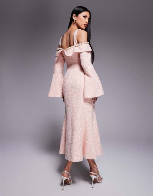 Lavish Alice sequin boucle cowl long midi dress in pink ASOS