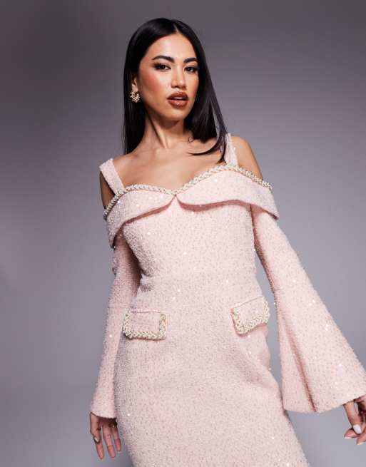 Lavish Alice sequin boucle cowl long midi dress in pink | ASOS
