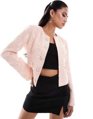 Shop Lavish Alice sequin boucle jacket with cuffs in pink Online – Trendy & Affordable Fashion