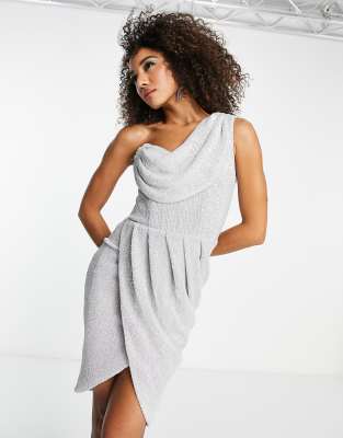 Shop Lavish Alice Sequin Draped One Shoulder Mini Dress In Silver