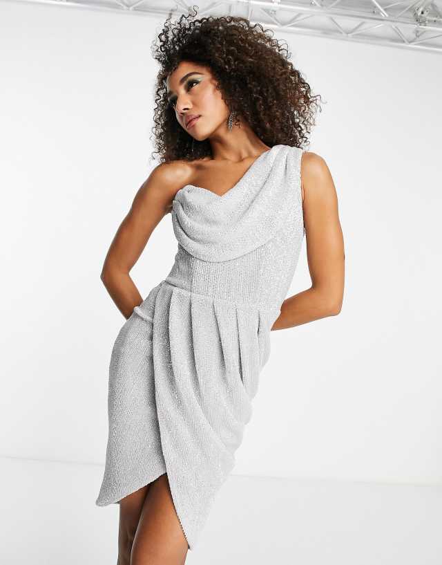 Lavish Alice sequin draped one shoulder mini dress in silver