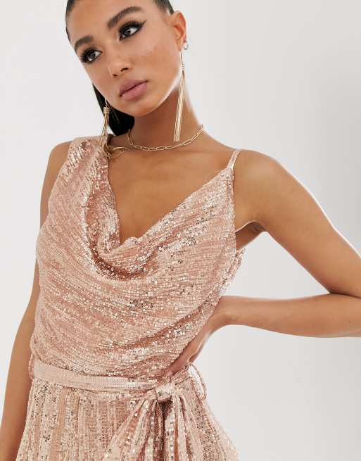 Lavish Alice sequin embellished cowl neck culotte jumpsuit in rose gold