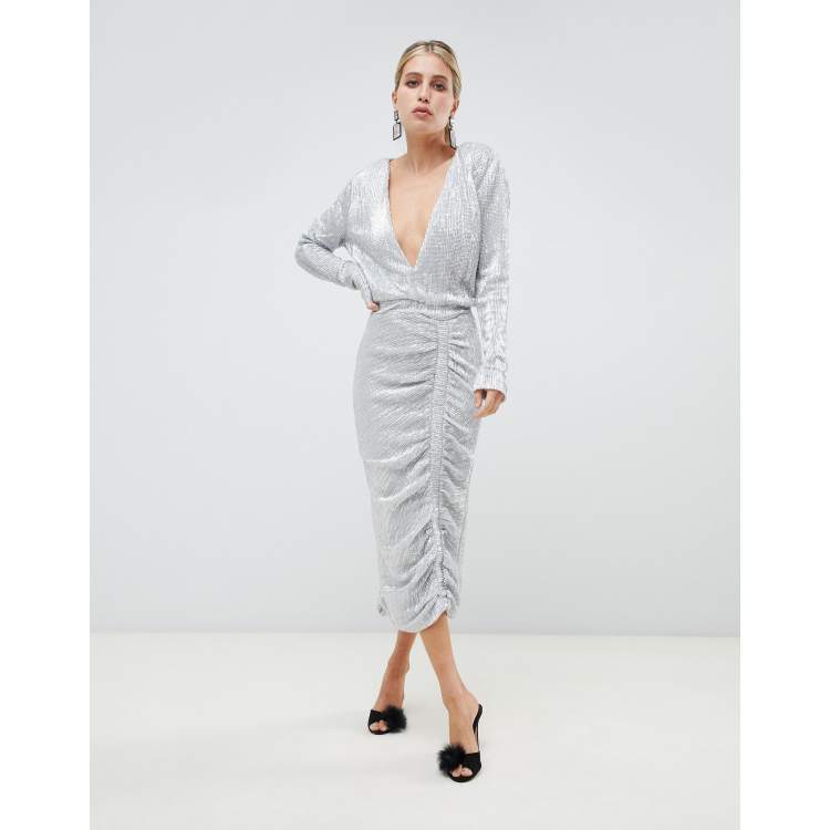 Lavish alice sequin embellished midi dress cheap in silver iridescent