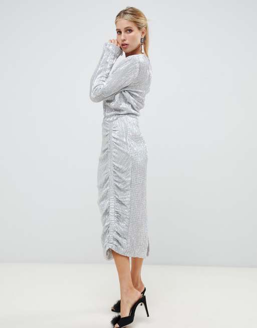 Signature silver iridescent sequin midi sale dress