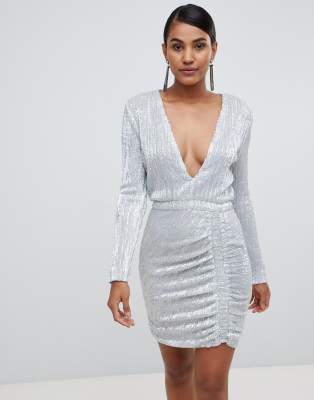 signature silver iridescent sequin midi dress