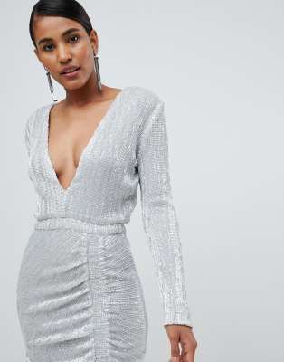 lavish alice silver iridescent sequin midi dress