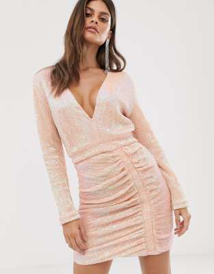 pink ruched dress with sleeves