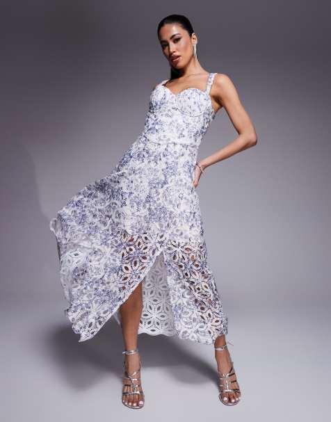 Lavish Alice sequin eyelet a-line midi dress in blue porcelain print - view 1
