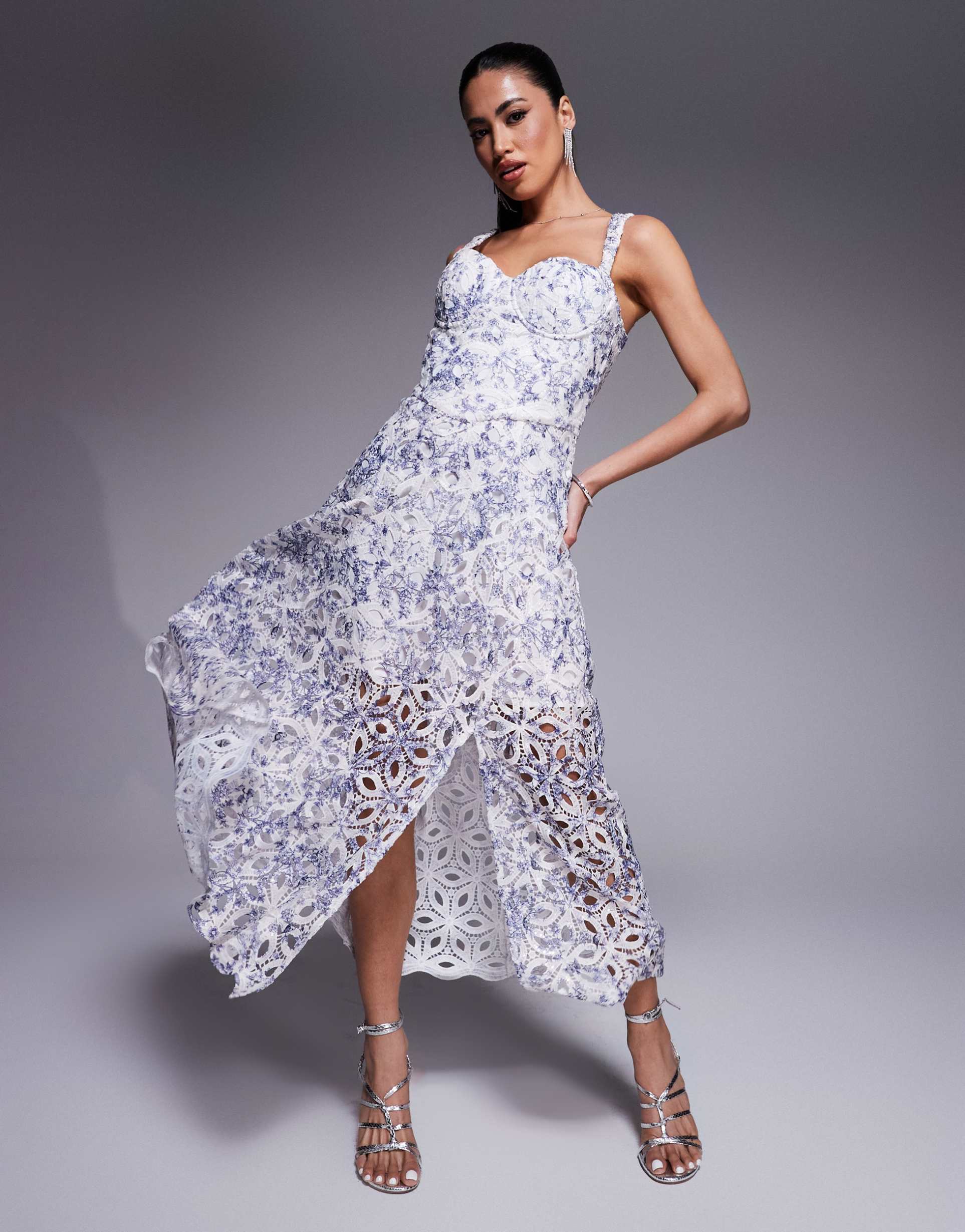 lavish alice sequin eyelet a-line midi dress in blue porcelain print