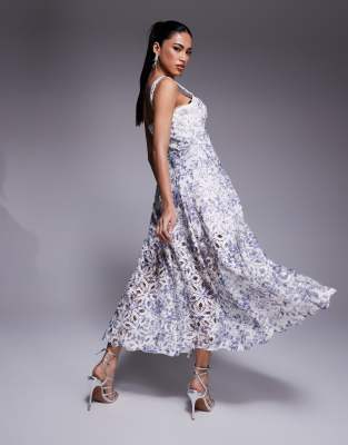 Lavish Alice sequin eyelet a-line midi dress in blue porcelain print | ASOS