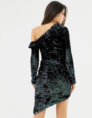 lavish alice sequin velvet off shoulder asymmetric mini dress