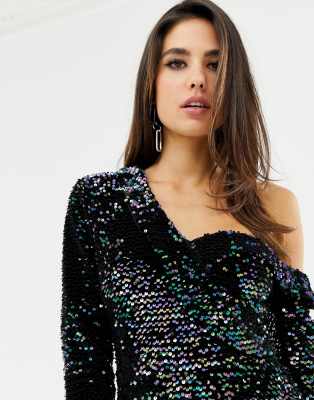 lavish alice sequin velvet off shoulder asymmetric mini dress