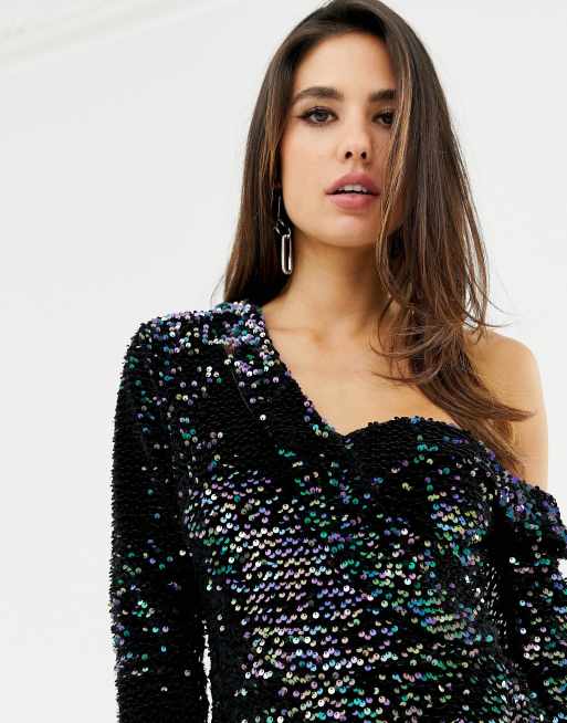 Lavish alice sequin velvet sale off shoulder asymmetric mini dress