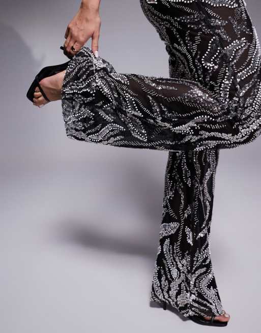 Lavish Alice sheer embellished fit and flare trousers in black, 3 of 5