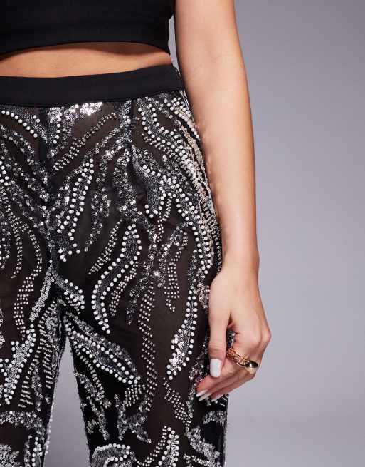Lavish Alice sheer embellished fit and flare trousers in black, 5 of 5